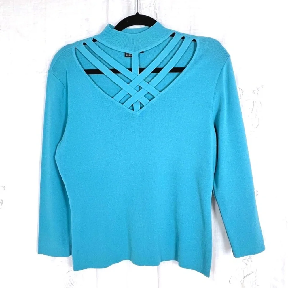 Ruby Cho Teal 3/4 Sleeve Criss Cross Cutout Neckline Sz Large - Picture 1 of 7